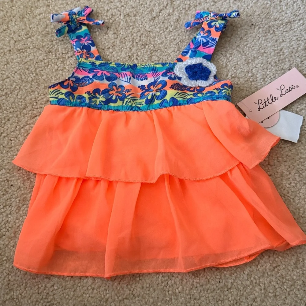 Little Lass Neon Orange Tiered Ruffle Tank with Tropical Floral Shorts - Picture 3 of 5